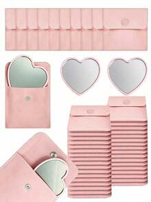 Heart-Shaped Makeup Mirror And Makeup Bag Set, Pink Glass Makeup Mirror With Elegant Matching Makeup Bag, Portable Makeup Mirror Set, Suitable For Women, Party Gift, Women's Birthday, Holiday Gift, Bridal Gift, Etc. - Multicolor - View 1