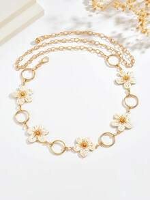 1pc Fashionable Versatile Minimalist Hollow Round Ring 3D Handmade Woven Raffia Asymmetric White Five-Petal Flower Patchwork Waist Chain Body Chain, Creative 3D Flower Round Ring Circular Patchwork Waist Chain For Women's Daily, Vacation, Party Wear - White - View 5