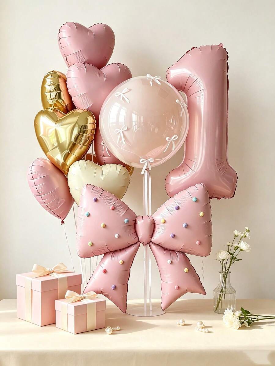 Colorful Pom Poms And Pink Bow Balloons With Number Heart Balloon Set, Includes 2cm 20pcs (Random Color), Stickers, Suitable For Romantic Birthday Party Decoration, Wedding, Photo Props, Bachelor Party, Holiday Celebration - Pink Number Heart Bow Colorful Balloon Set - View 1