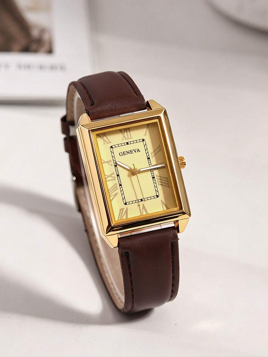 1 buah Jam Tangan Quartz Minimalis Persegi Panjang Kasual Fashion Pria, Tali Kulit PU, Dengan Tanggal, Cocok Untuk Bisnis Dan Pemakaian Sehari-hari, Hadiah Terbaik Untuk Pria - Coklat - View 1