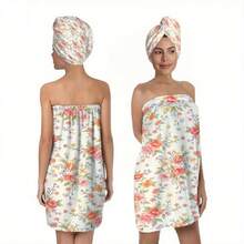 1/2pcs Fresh Floral Theme Bathroom Decor Bathrobe Pattern Design Bath Towel & Bath Cap Set, With Button Bathrobe And Hair Drying Towel, Soft Polyester Fiber, High Absorbency Bath Towel & Bathrobe 2 Pieces Set, Women's Wearable Bathrobe Towel, Suitable For Bath, Sauna And SPA, Bathroom Essential, Summer All-Season Beach Towel - Multicolor - View 1