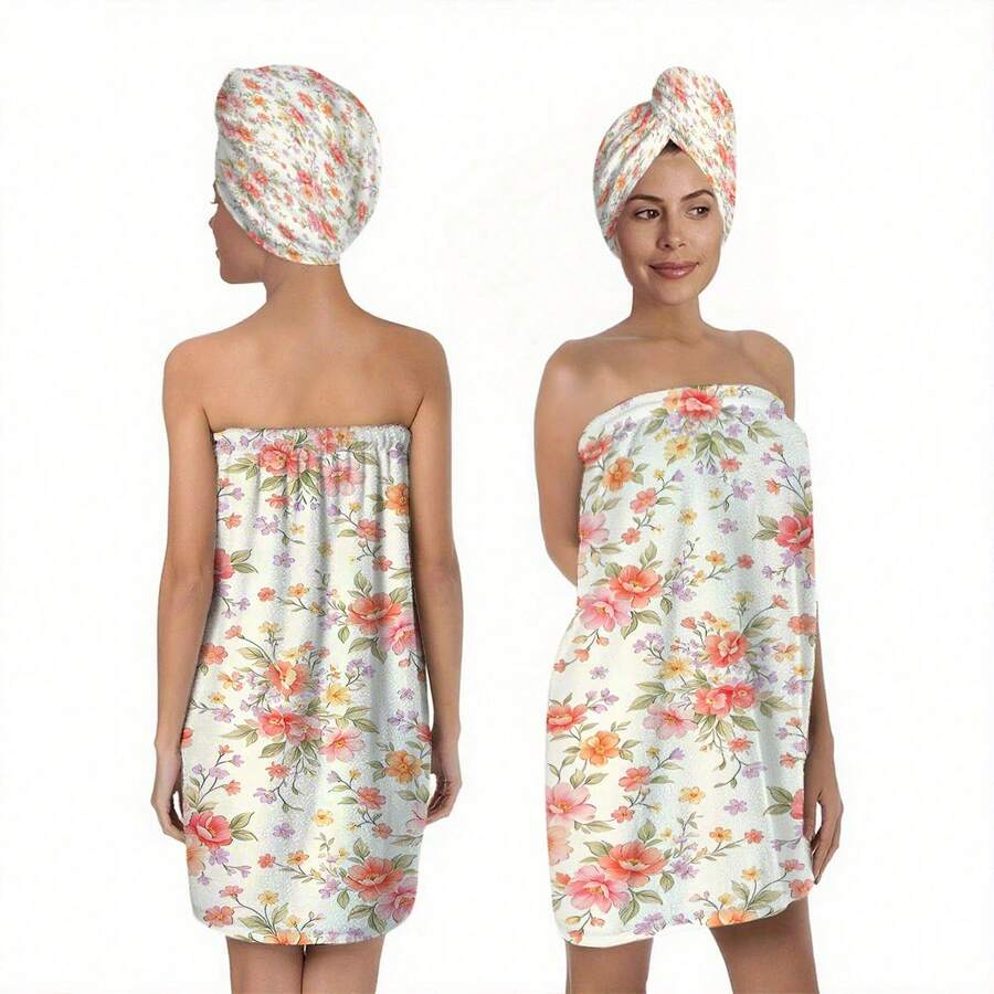 1/2pcs Fresh Floral Theme Bathroom Decor Bathrobe Pattern Design Bath Towel & Bath Cap Set, With Button Bathrobe And Hair Drying Towel, Soft Polyester Fiber, High Absorbency Bath Towel & Bathrobe 2 Pieces Set, Women's Wearable Bathrobe Towel, Suitable For Bath, Sauna And SPA, Bathroom Essential, Summer All-Season Beach Towel - Multicolor - View 1