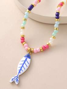 Fashionable Stainless Steel Colorful Small Fish Pendant Necklace Bohemian Style Colorful Pearl Collar Chain For Women - Multicolor - View 17