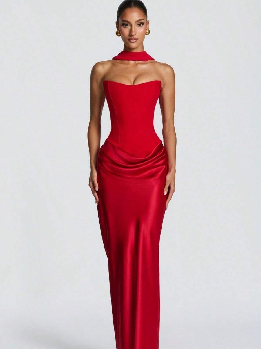 Women Satin Strapless Corset Maxi Dress, Detachable Choker Tie Sash Draped Waist Bodycon Mermaid Formal Evening GownSoft11147 - Red - View 1