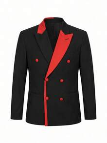 Men's Fashion Design Colorblock Double-Breasted Blazer, Light Business Style Suitable For Daily Wear, Casual Commute, Business Party And Banquet, Spring/Summer - Black - View 5