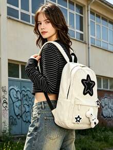 1 pieza Mochila casual con decoración de estrella & hueso Y2K, mochila escolar ligera de pana con cremallera, mochila casual de gran capacidad con múltiples bolsillos, adecuada para estudiantes/graduados/jóvenes, adecuada para regreso a la escuela/uso diario/compras/viajes cortos y actividades de ocio al aire libre - Multicolor - Ver 7