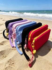 1 pieza Bolsa de maquillaje de viaje con correa de muñeca con colgante de estrella, bolsa de tocador de silicona de doble capa, funda multifuncional impermeable para teléfono, bolso esencial de viaje, bolsa de vacaciones en la playa, organizador de almacenamiento de artículos de tocador diario unisex, bolsa con cremallera para billetera, bolsa pequeña para suministros de piscina y ducha de verano - Multicolor - Ver 2