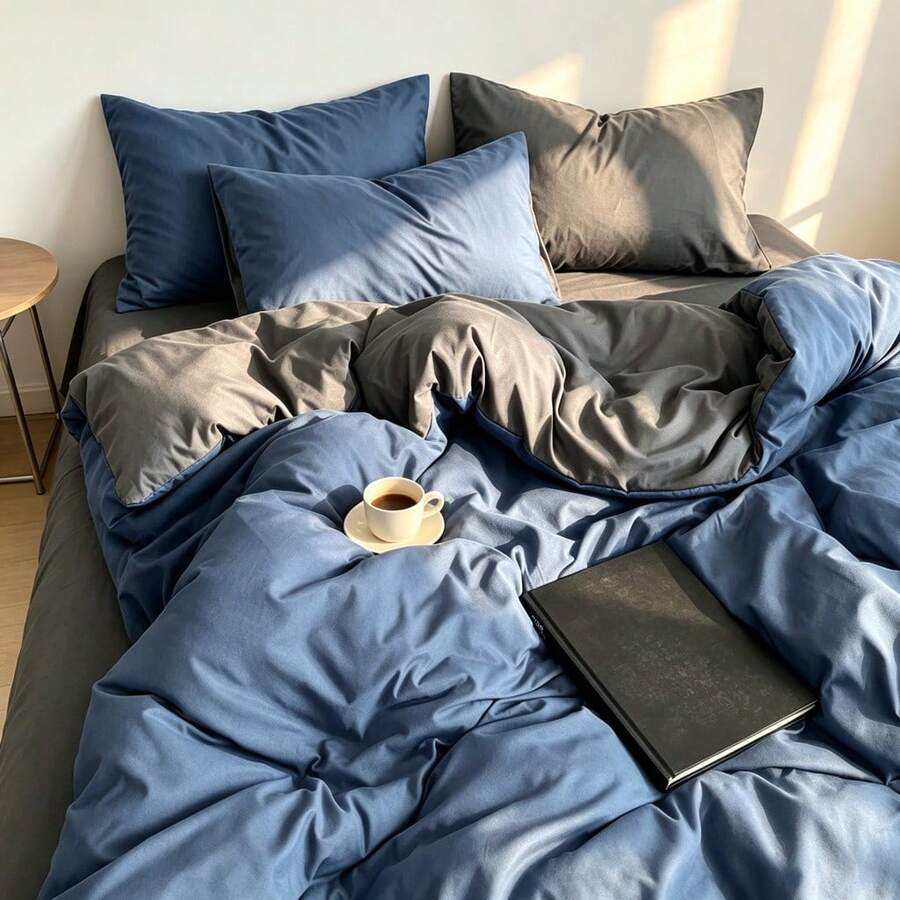 3件組可正反面使用被套組,藍灰色純色床上用品套裝,柔軟透氣微纖維被套附2個枕套,不含填充物,極簡現代風,適用臥室、客房、宿舍,四季通用,可機洗 - 寶藍灰 - 查看 1