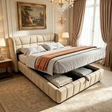 Upholstered Bed 140 X 200 Cm, Headboard, Sprung Base With Pneumatic Storage System, Linen Bed Frame, Suitable For Adults And Teenagers, Beige - 米色 - 查看 2