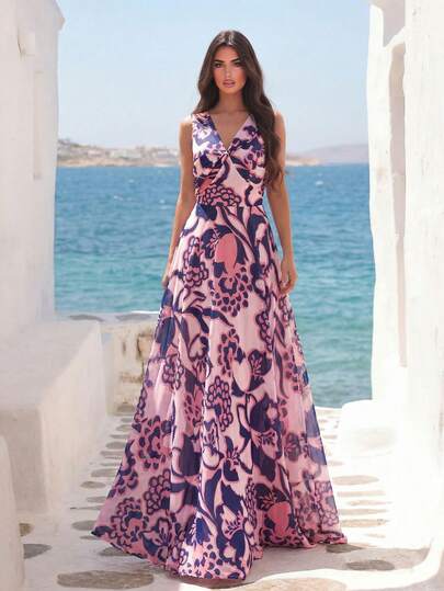 Elegante vestido largo de gasa con cuello en V para mujer, estampado floral romántico con detalles de torsión, perfecto para fiestas, uso nocturno y vacaciones