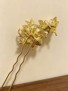 1Pc Gilded Butterfly Flower U Hair Pin, Luxury Gold Bridal Updo Stick, Wedding Banquet Evening Dress Hair Accessory For Bride Engagement - Multicolor - View 6