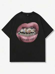 90s Retro Aesthetic Print Crew Neck Soft Cotton Casual T-Shirt - 黑色 - 查看 1