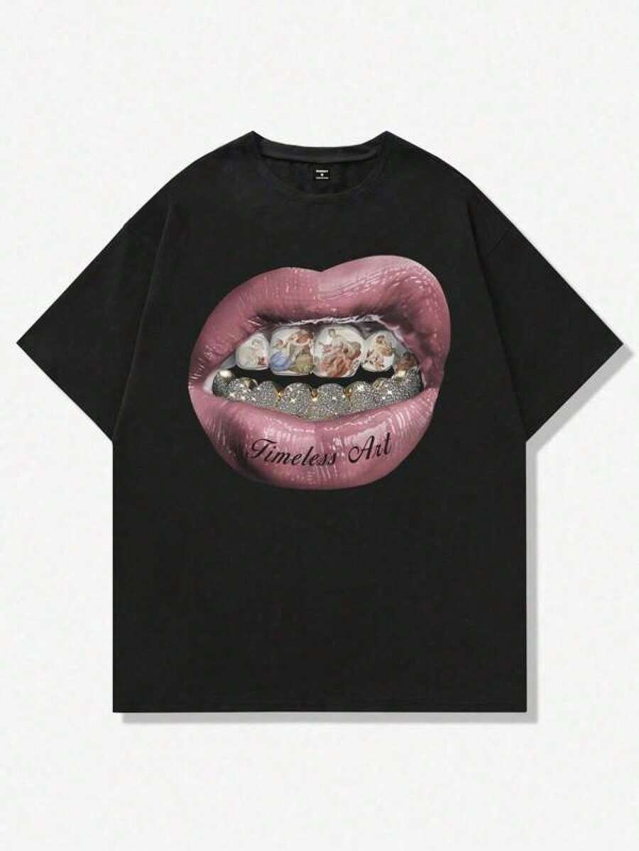 90s Retro Aesthetic Print Crew Neck Soft Cotton Casual T-Shirt - 黑色 - 查看 1