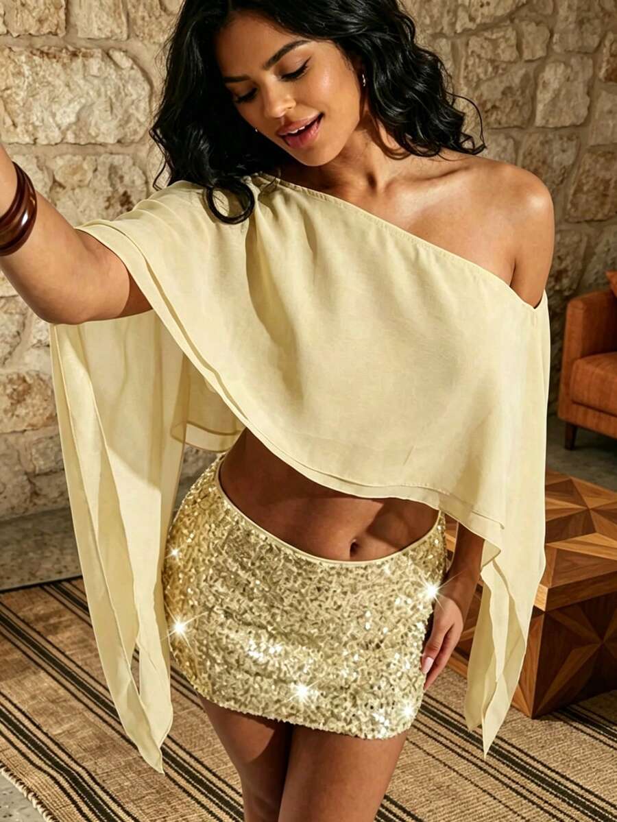 2026 Summer Women's Sexy Off-Shoulder Asymmetric Draped Sleeve Chiffon Cropped Top, Essential For Party, Date, Vacation - Yellow - View 1