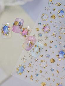 1 pieza Pegatina de arte de uñas con cristal de strass dorado, pegatina de decoración de uñas de textura premium, pegatina de arte de uñas DIY de concha metálica de alta gama, pegatinas de uñas - Dorado - Ver 3