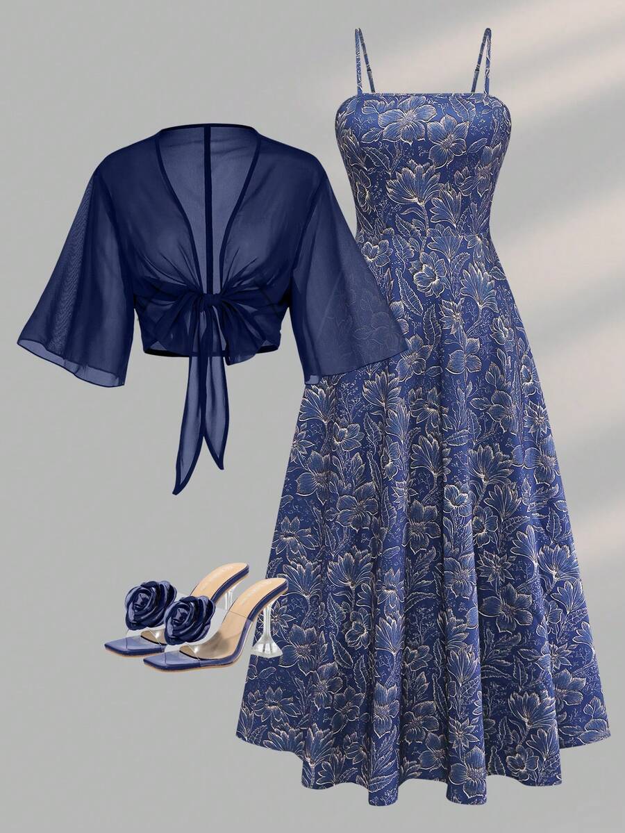 Women's Vintage Fashion Elegant Embossed Print Design Dress Chiffon Outerwear Elegant Two Pieces Set Beach Vacation Two Pieces Set - Navy Blue - View 1
