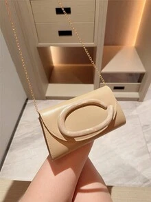 1pc European And American Fashion Metal Decor Mini Box Clutch, High-End Shiny Metal Strip Handle Women's Handbag, Elegant Luxury Evening Bag For Formal Dress, PU Leather Party Bag/Romantic Wedding Clutch/Ball Bag, Cocktail Bag, Back To School Dance Bag With Metal Chain - Apricot - View 9