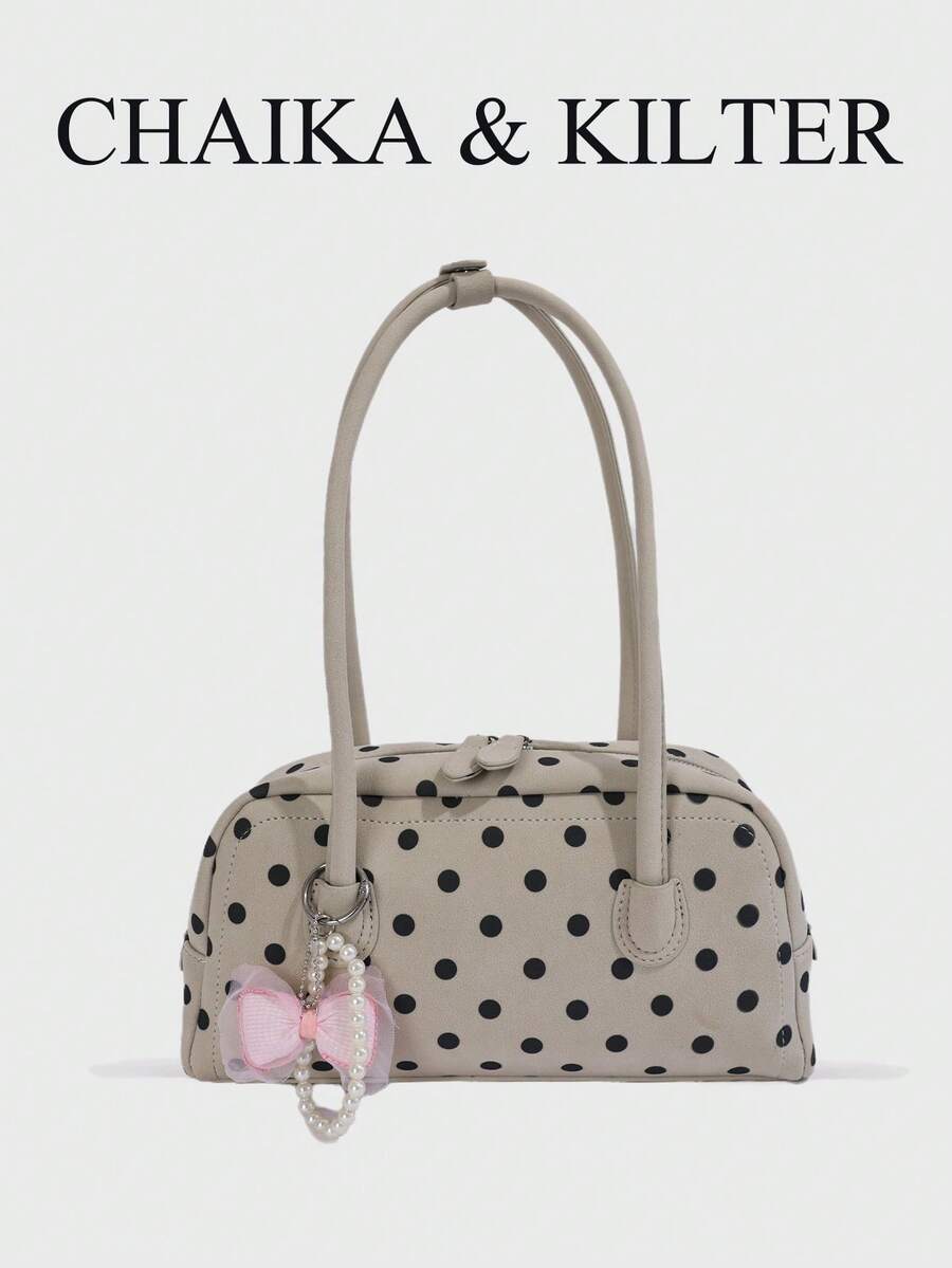 CHAIKA & KILTER 1pc Solid Color PU Fabric Women's Fashion Shoulder Bowling Bag, All-Over Polka Dot Contrast Quilted Stitching, Double Handle Design, Zipper Closure, Suitable For Daily And Street Use (Sold With Pendant)