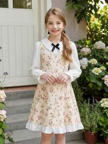 Girls' Dress For 8-12 Years Old, Pastoral Ditsy Floral 2 In 1 Dress, Peter Pan Collar, Long Sleeve, Patchwork Waist, A-Line, Birthday, Outing, Autumn Outfit, Bow Decor, Invisible Zipper - White - View 4