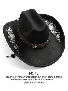1pc Women's Embroidered Faux Suede Western Cowboy Hat, Vintage, Rose Pattern, Wide Brim, Metal Decoration, Windproof Rope Design, Suitable For Outdoor Activities And Parties, Size M - Top Hat - View 14