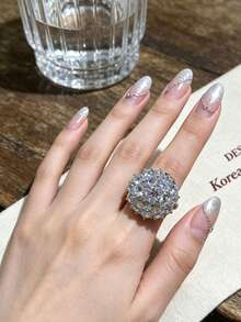 1pc Silver-Tone Multi-Stone Cluster Rhinestone Dome Exaggerated Ring, Large Round Shiny Flower Snowball Cocktail Ring, Women's Style, No Packaging Box - Silver - View 1