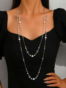 2pcs French Vintage Exaggerated Elegant Versatile Faux Pearl Chain Long Necklace, Can Be Wrapped Multiple Times And Layered, Suitable For Matching Sweaters, Long Dresses And Other Clothing, Suitable For Daily, Party And Evening Wear - White K - View 1