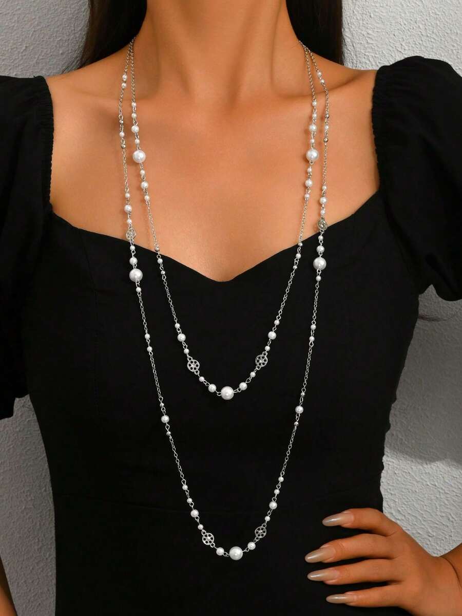 2pcs French Vintage Exaggerated Elegant Versatile Faux Pearl Chain Long Necklace, Can Be Wrapped Multiple Times And Layered, Suitable For Matching Sweaters, Long Dresses And Other Clothing, Suitable For Daily, Party And Evening Wear - White K - View 1
