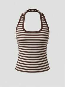 Solid Color Backless Slim Fit Spaghetti Strap Camisole Tank Top For Vacation Beach Home , Vacation Outfits For Women Brown Summer - Brown - View 5