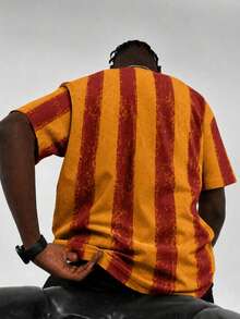 Fractyr Men's Vintage Spanish No.10 Three-Star Vertical Stripe T-Shirt, Red & Yellow Distressed Crew Neck Football Short Sleeve T-Shirt - Red - View 5