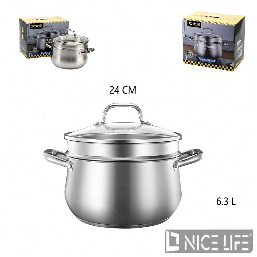 1 COOKERKING Stainless Steel Steamer/Steamer, 24cm (6.3L), 26cm (7.6L), Multi-Functional Household Steamer/Steamer With Glass Lid, Induction Cooker Compatible, Large Capacity, Healthy Cookware - View 1