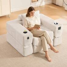 Folding Corduroy Sofa With High-Density Foam And Spring Core For Stable Seating, Side Pocket And Cup Holder, Armrest With Zip, Vacuum Packed, Easy Assembly, For Apartment And Living Room. - 米色 - 查看 4