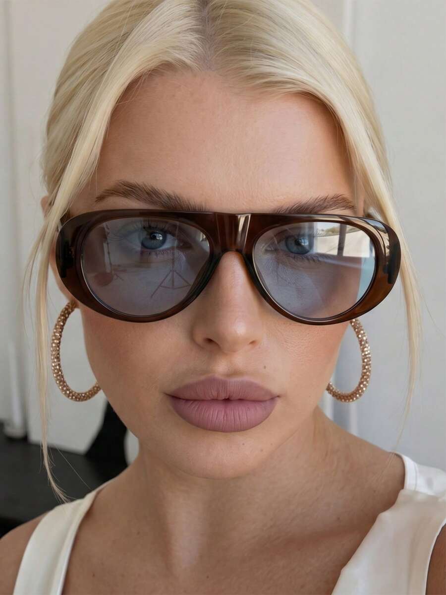 1 Pair Women's PC Large Frame Fashion Glasses, Suitable For Outdoor Travel, Parties, Cycling, Daily Use, Essential For Holidays And Trips, Suitable For All Seasons - Translucent Tea Blue - View 1