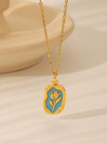 1pc Tulip Pendant Necklace, Colorful Energy Jewelry, 18K Stainless Steel Collarbone Chain, Bohemian Style Spring/Summer Beach Accessory - Multicolored Tulips - View 3