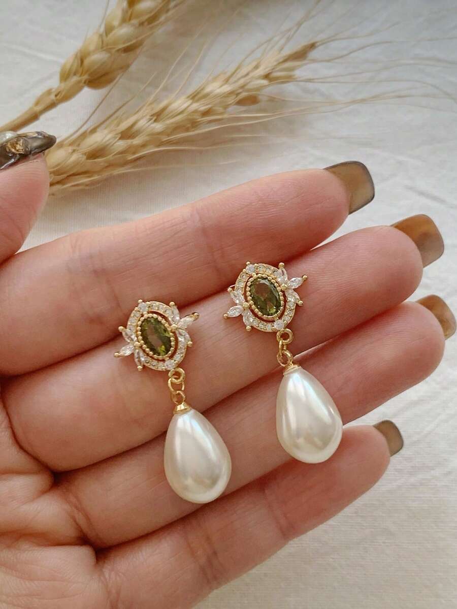 1 Pair Vintage Green Zirconia Teardrop Faux Pearl Earrings For Women To Wear,For Brides,Weddings,Daily Wear,Romantic Jewelry Gifts - Earrings - View 1