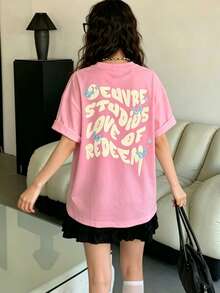 T-shirt femme côtelé, color-block, 100 % coton, avec imprimé lettrage dégradé ; coupe décontractée et sportive - Rose vif - Voir 5
