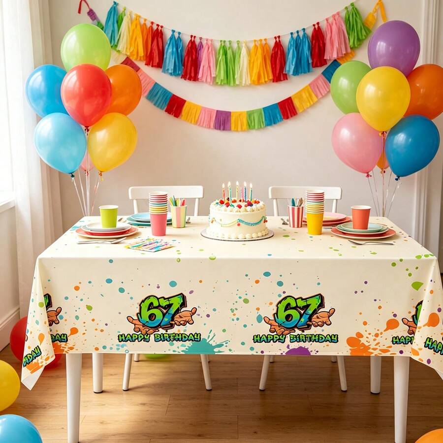 1pc Street Graffiti Number 67 Birthday Disposable Tablecloth, Colorful Splatter Ink Print Plastic Tablecloth, Birthday Party Tabletop Decoration Table Mat, Street Hip-Hop Style Number 67 Print Disposable Plastic Tablecloth - View 1