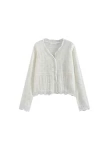 Solid Color Petal Hollow Design Knit Cardigan White - White - View 4