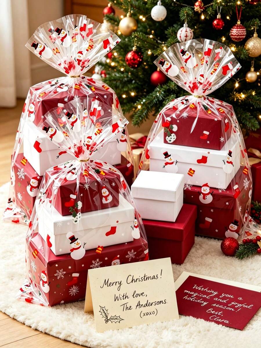 10/30入聖誕透明玻璃紙禮品袋，Merry Christmas雪人、雪花、聖誕襪圖案禮品包裝袋，聖誕禮品籃包裝，聖誕家居裝飾，聖誕裝飾，節日派對禮物