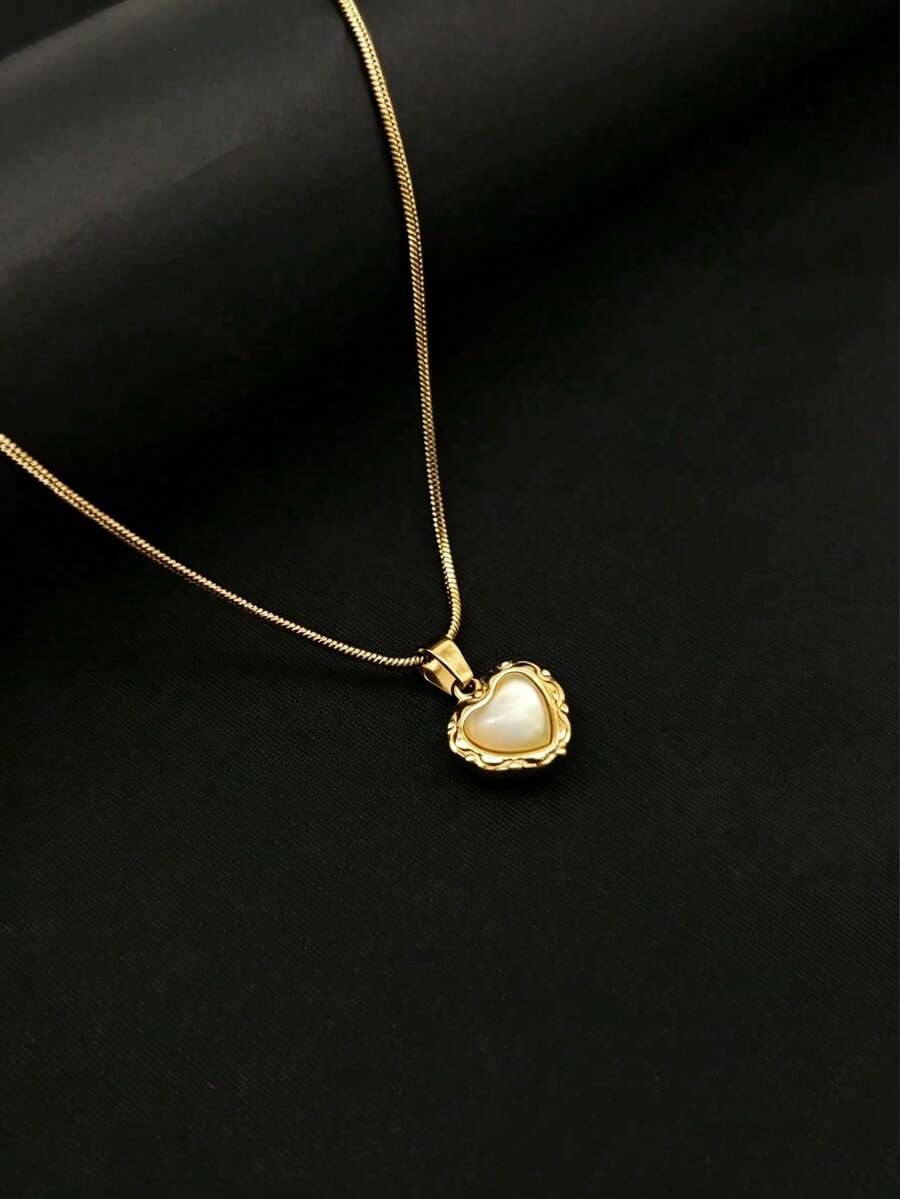 1pc Sweet Cool Ins Style White Shell Heart Necklace, Unique Design Lace Pendant, Non-Fading Titanium Steel Collarbone Chain, Suitable As Gift For Friends - Yellow Gold - View 1