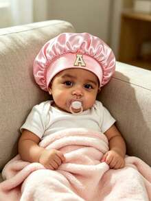 1PC Baby Bonnet Silk Satin Bonnet For Kids Sleeping Cap 26 Letter Curly Natural Hair Silk Bonnets For Girls Boys Infant - Pink - View 3