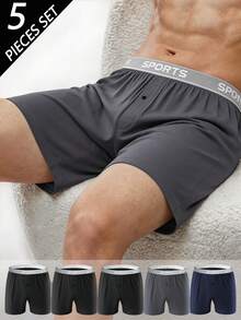 5Pcs Men's Underwear Set, Comfortable Polyester Fabric, Letter Waistband ,With Buttons, Elastic Loose Flat Corner Boxers, Home Wear,Men Gift - Multicolor - View 2