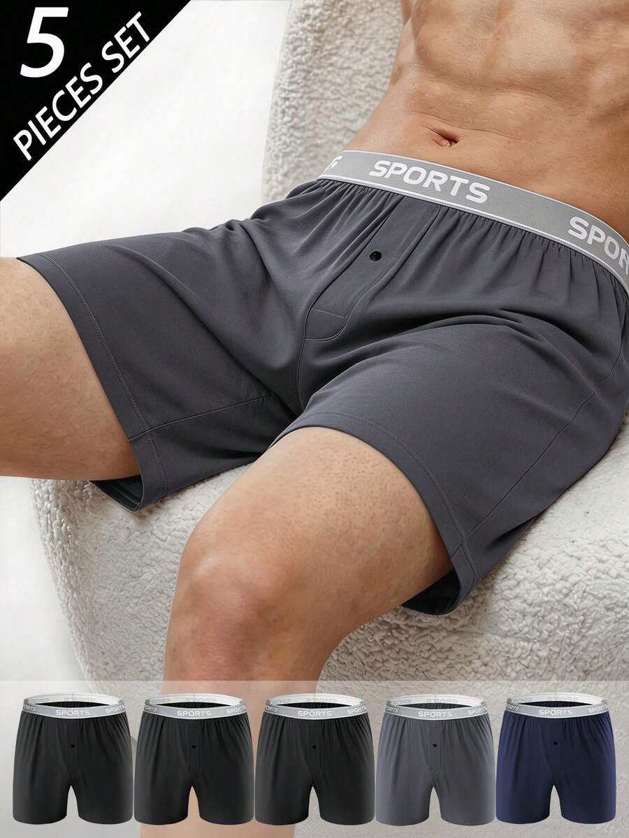 5Pcs Men's Underwear Set, Comfortable Polyester Fabric, Letter Waistband ,With Buttons, Elastic Loose Flat Corner Boxers, Home Wear,Men Gift