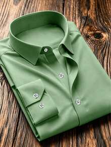 Men's Anti-Wrinkle Quick-Dry Casual Commute Business Multi-Scenario Shirt, Natural Color Buttons, Opaque Comfortable 100% Polyester Fabric, Craftsmanship Made, Tight Stitching, Slim Fit - Recommended To Pair With Suit Jacket And Dress Pants - Mint Green - View 4