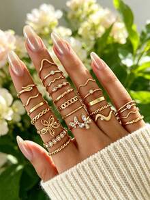 24PCS Minimalist Small Gold-Tone Hoop Rings, Fashion Rhinestone Butterfly & Flower Stackable Rings, INS Style Multi- Stacked Ring Set For Women - Gold - View 1