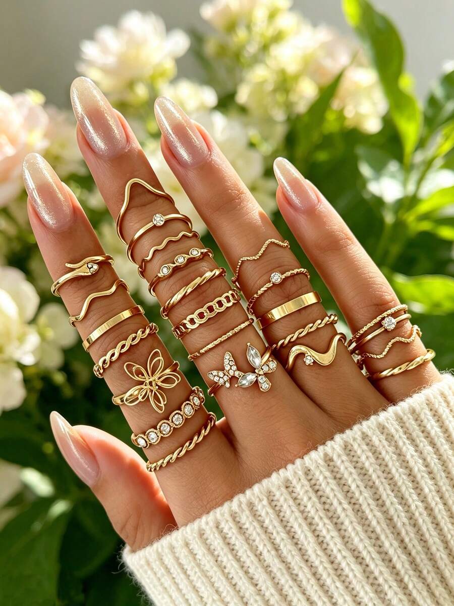 24PCS Minimalist Small Gold-Tone Hoop Rings, Fashion Rhinestone Butterfly & Flower Stackable Rings, INS Style Multi- Stacked Ring Set For Women - Gold - View 1