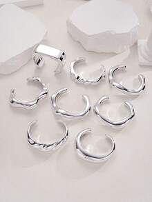 8pcs/4pcs/1pc Bohemian Style Casual Geometric Heavy Work Twisted Silver CCB Open Bangle Bracelet Set, Open Design Suitable For Party, Gathering, Gift, Vacation, Date And Daily Wear - Silver - View 5