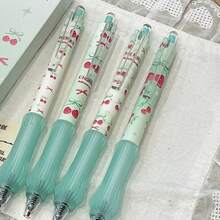 4pcs Japanese Style Matcha Cherry Retractable Gel Pens, Fresh Healing Style, 0.5mm Black Smooth Ink, Quick-Drying Ink, Soft Rubber Grip, Comfortable For Student Classroom Notes And Homework Writing Stationery - Sets - View 2