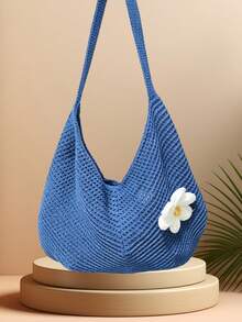 1PCS Shoulder Woven Bag, New Vacation Casual Beach Bag, Crochet Woven Tote Handbag, Back To School Student Project Bag, Beach Bag, Holiday,Straw Bag - 藍色 - 查看 9