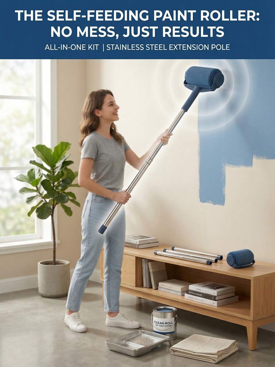 Large Self-Feeding Paint Roller Set - Perfect For Latex And Wall Paints, Smooth Even Coating, Easy To Use, 7-Inch Roller Length, Metal & Plastic Material, Durable Paint Application Kit For Home Renovation