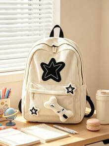 1 pieza Mochila casual con decoración de estrella & hueso Y2K, mochila escolar ligera de pana con cremallera, mochila casual de gran capacidad con múltiples bolsillos, adecuada para estudiantes/graduados/jóvenes, adecuada para regreso a la escuela/uso diario/compras/viajes cortos y actividades de ocio al aire libre - Multicolor - Ver 3